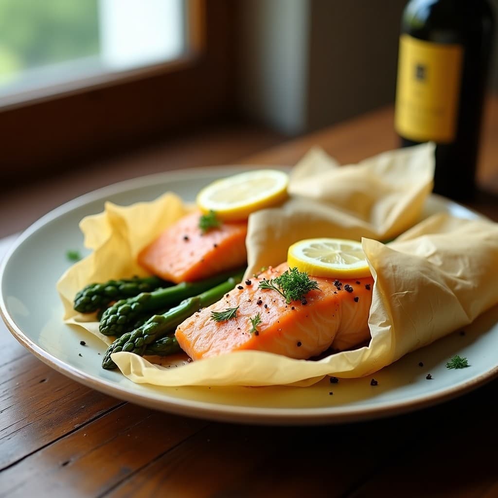 Salmón en Papillote con Espárragos y Limón