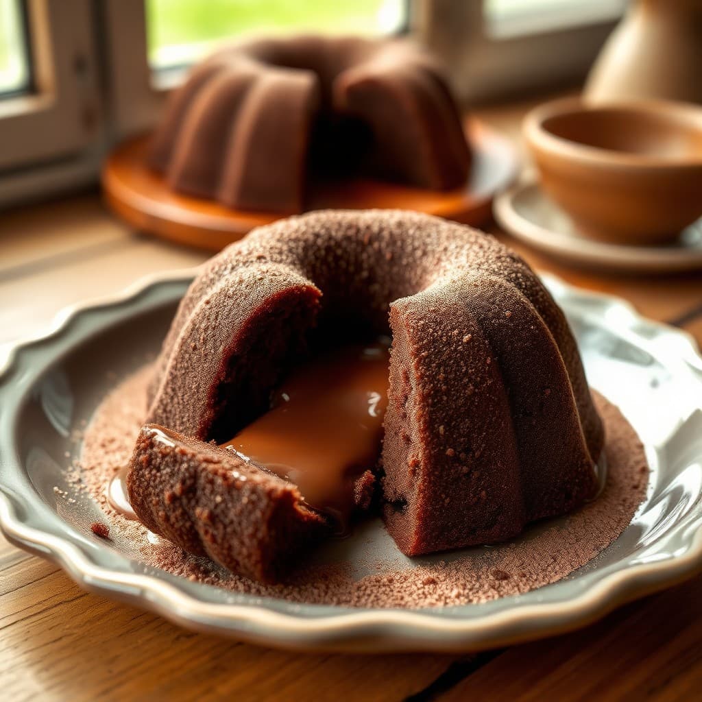 Foto de un coulant de chocolate fresco y líquido por dentro, con un exterior esponjoso y crujiente, receta fácil y rápida