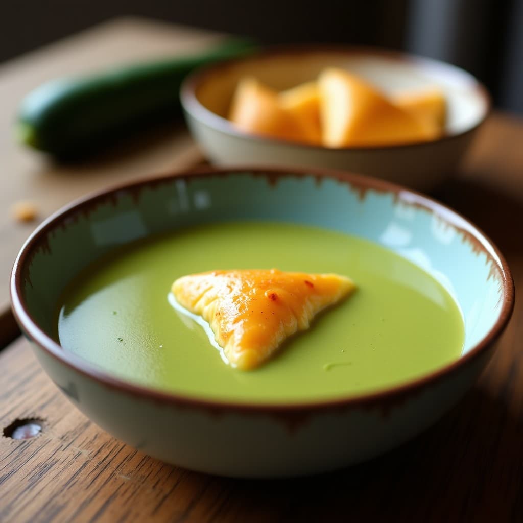 Crema de calabacín con quesitos en una olla, lista para servir, con un toque de pimienta blanca y nuez moscada, receta saludable y fácil de preparar