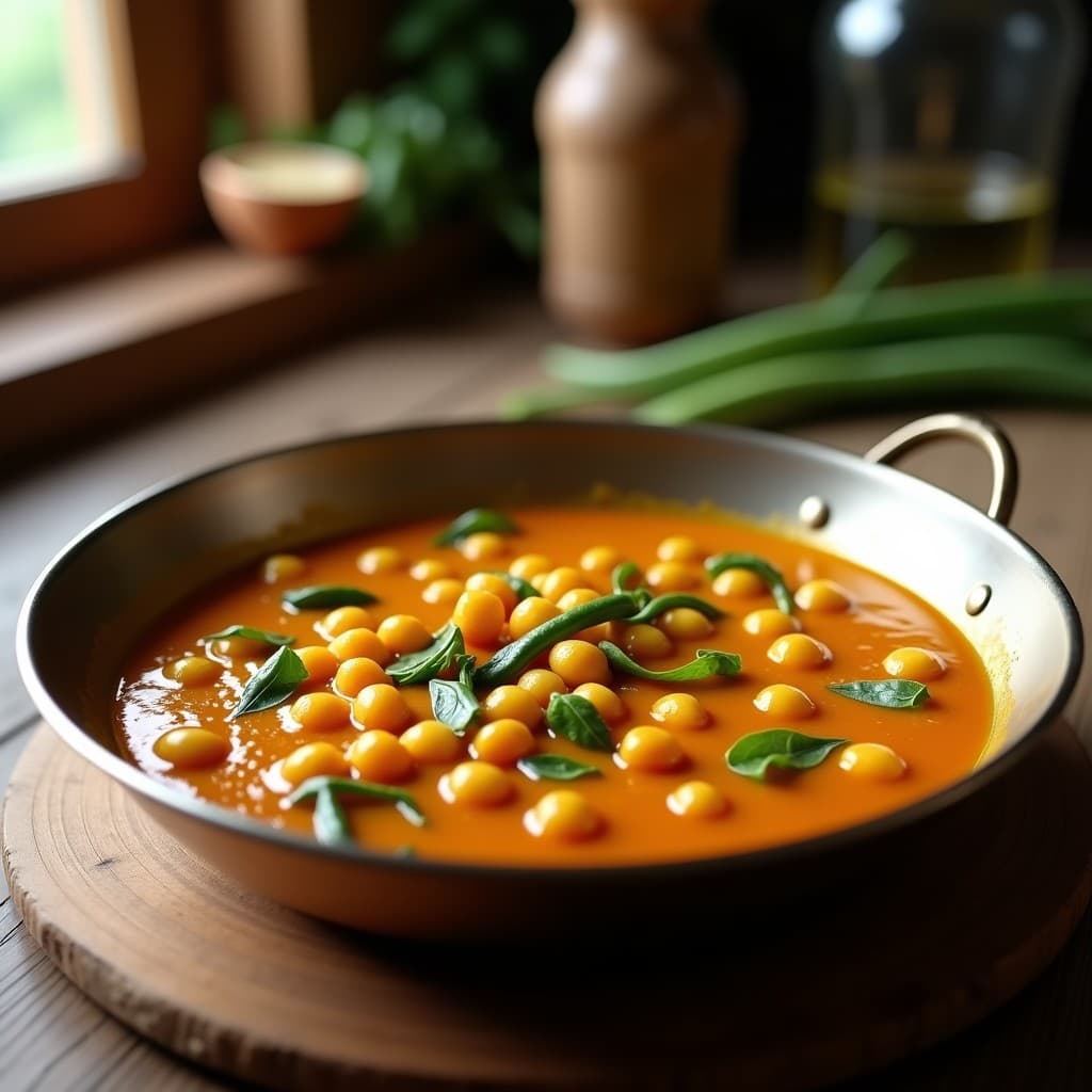 Foto de un curry de garbanzos vegano en una sartén, con especias y espinacas frescas, lista para servir - Curry de Garbanzos Vegano