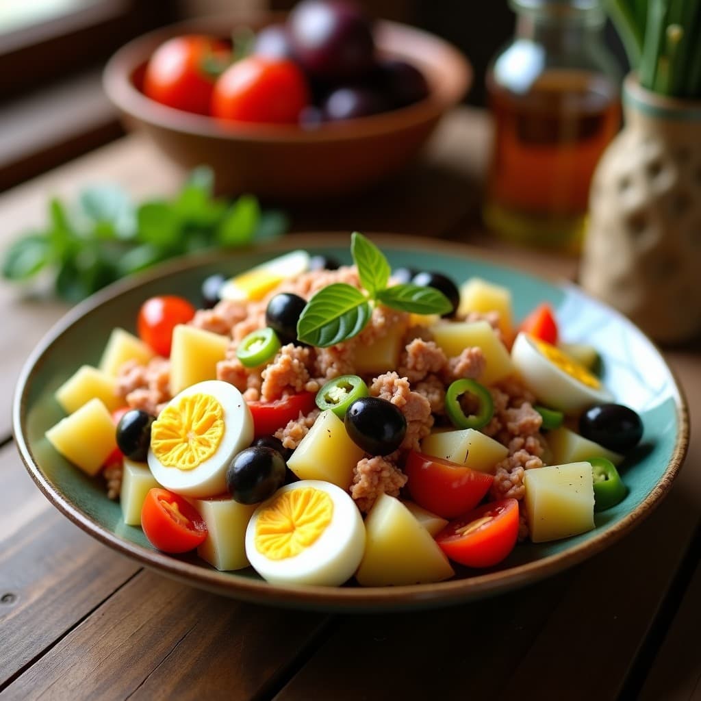Ensalada campera española con patata, atún y huevo duro, lista para servir en un plato de verano
