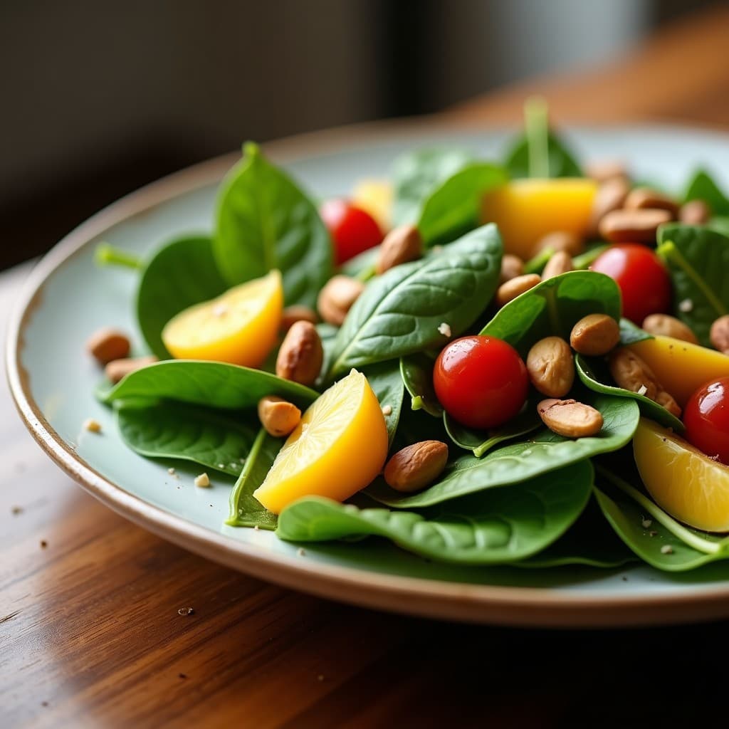 Ensalada de espinacas fresca con frutas tropicales y nueces crujientes, lista para servir en un plato de madera