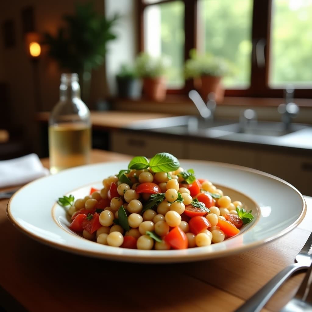 Ensalada de garbanzos y espinacas fresca con tomates cherry y pepino, lista para servir en un plato de verano