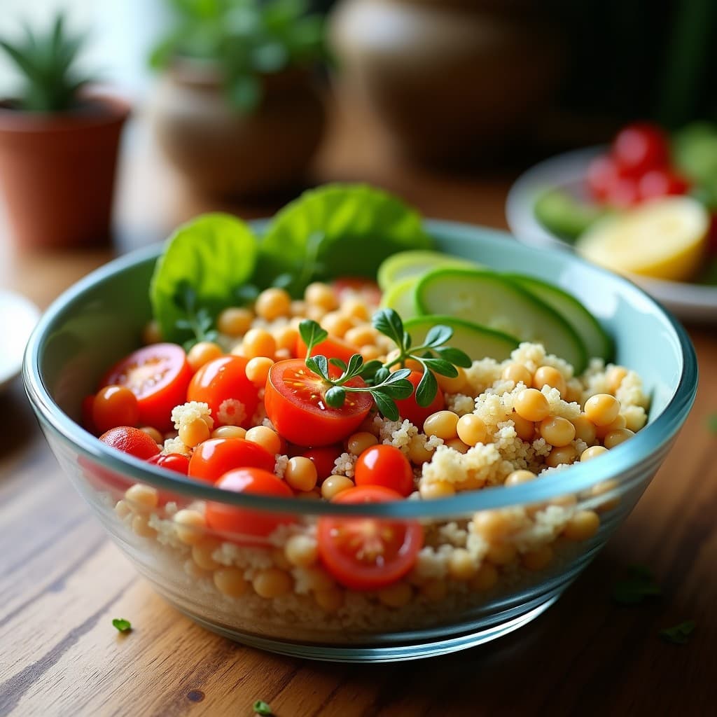 Ensalada de quinoa en tarro de cristal con ingredientes frescos y saludables, lista para llevar al trabajo