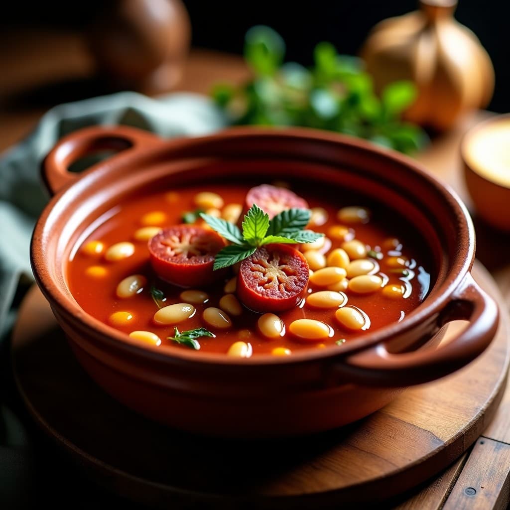 Plato de fabada asturiana con chorizo, morcilla y lacón, servido en una olla de barro, con una cuchara y un trozo de pan al lado, Fabada Asturiana