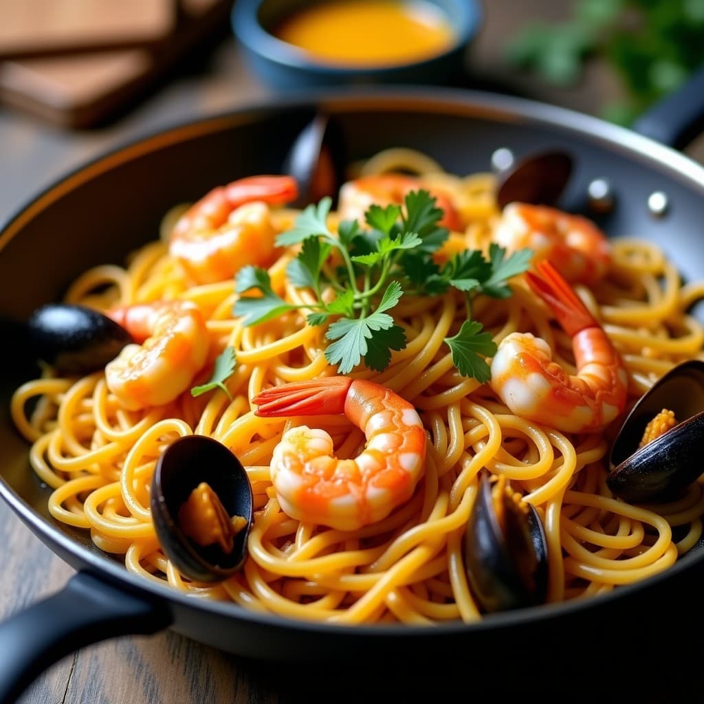 Fideuá de marisco tradicional de Gandía con fideos gruesos, sepia, gambas y alioli en una olla de barro