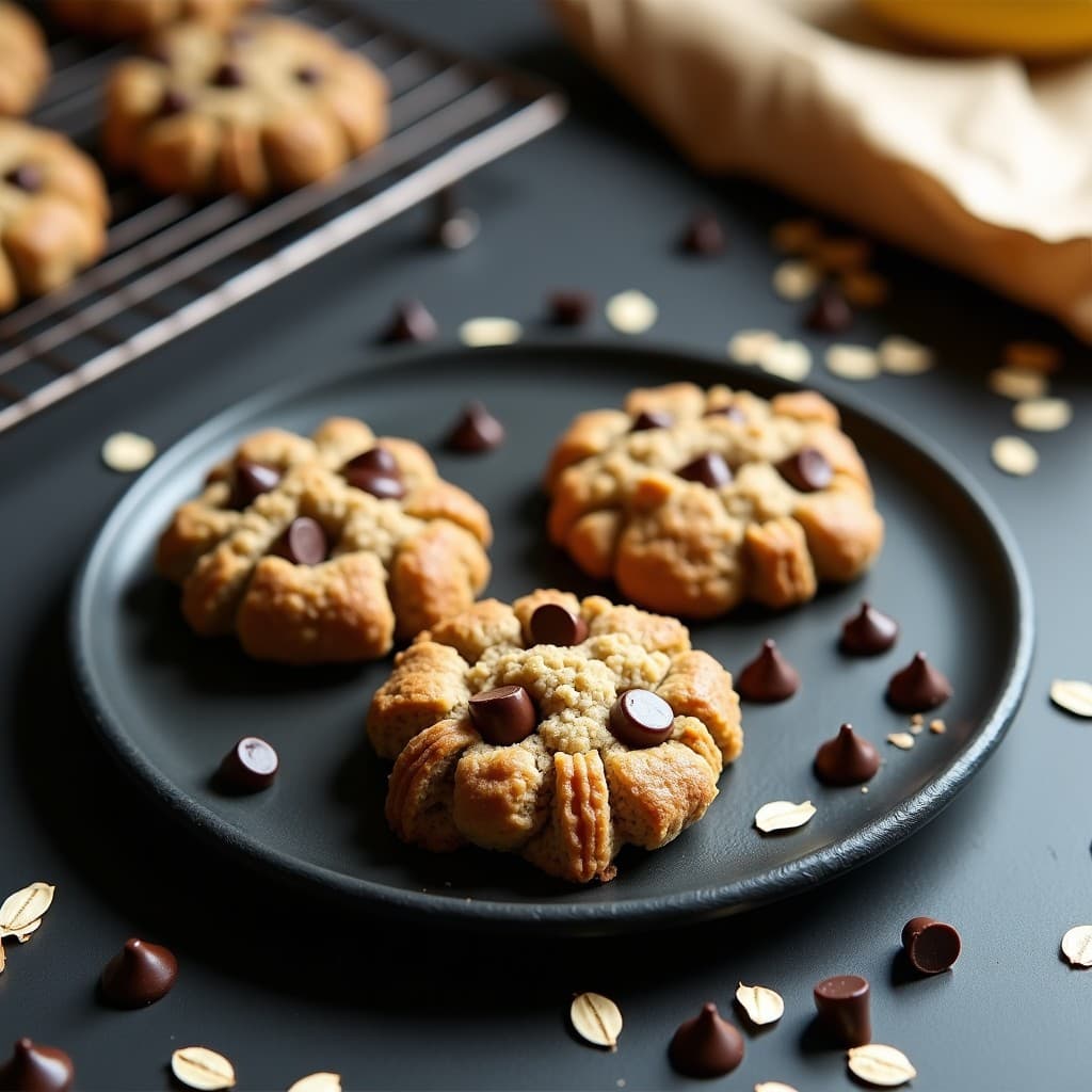 Galletas de avena y plátano frescas y crujientes, recién salidas del Airfryer, con un plátano y un tazón de copos de avena en el fondo
