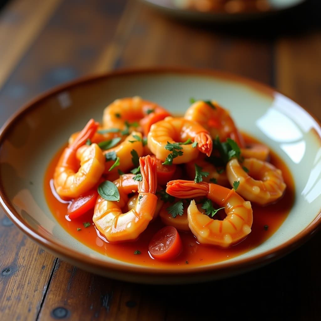 Gambas al ajillo doradas y crujientes en una olla, con ajo y guindilla al fondo, lista para ser servida