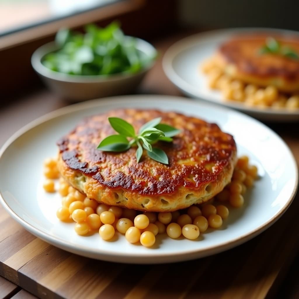 Hamburguesa de lentejas hiper proteica en una sartén, lista para servir, con ingredientes frescos alrededor