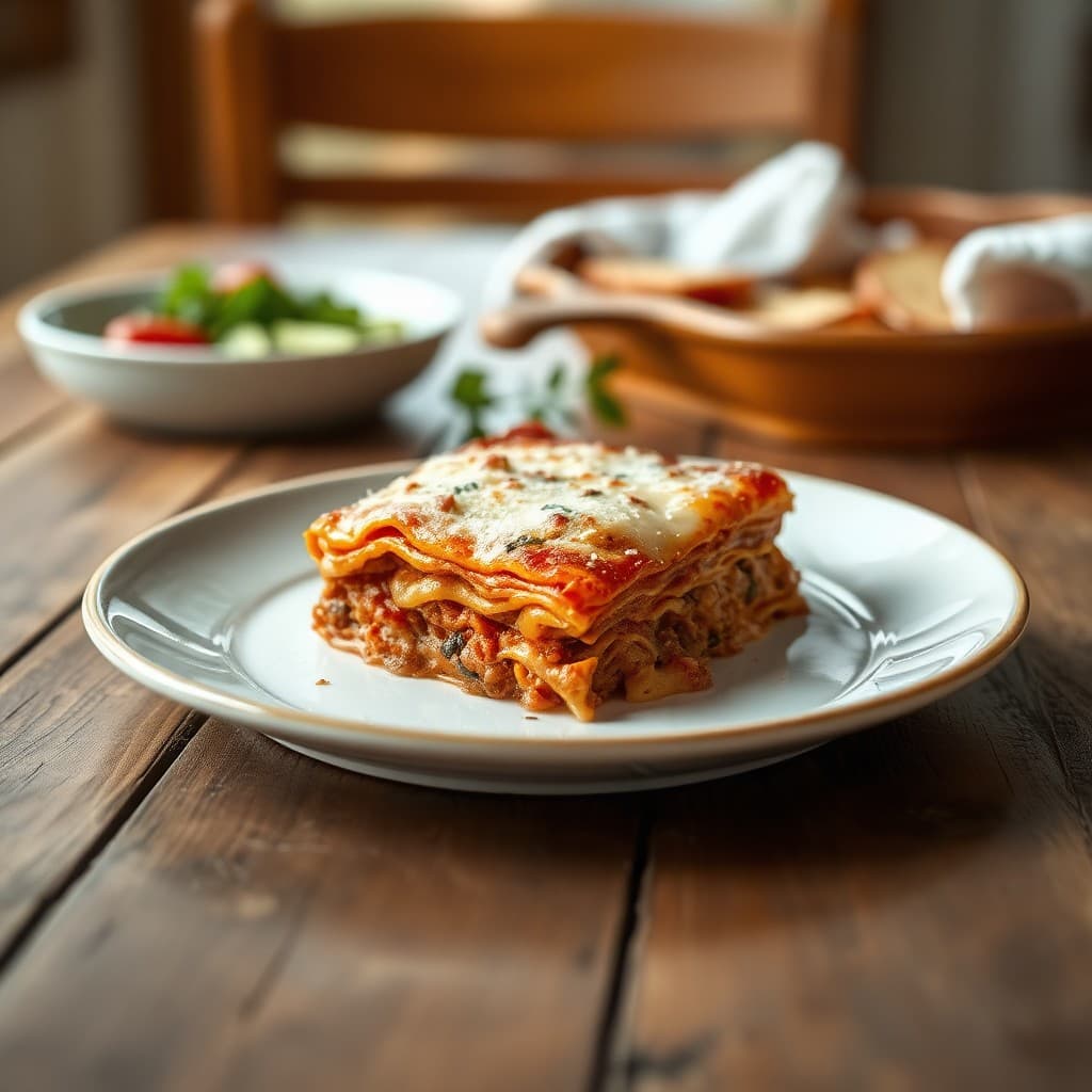 Lasaña de carne italiana con ragú boloñesa y queso gratinado, receta clásica italiana