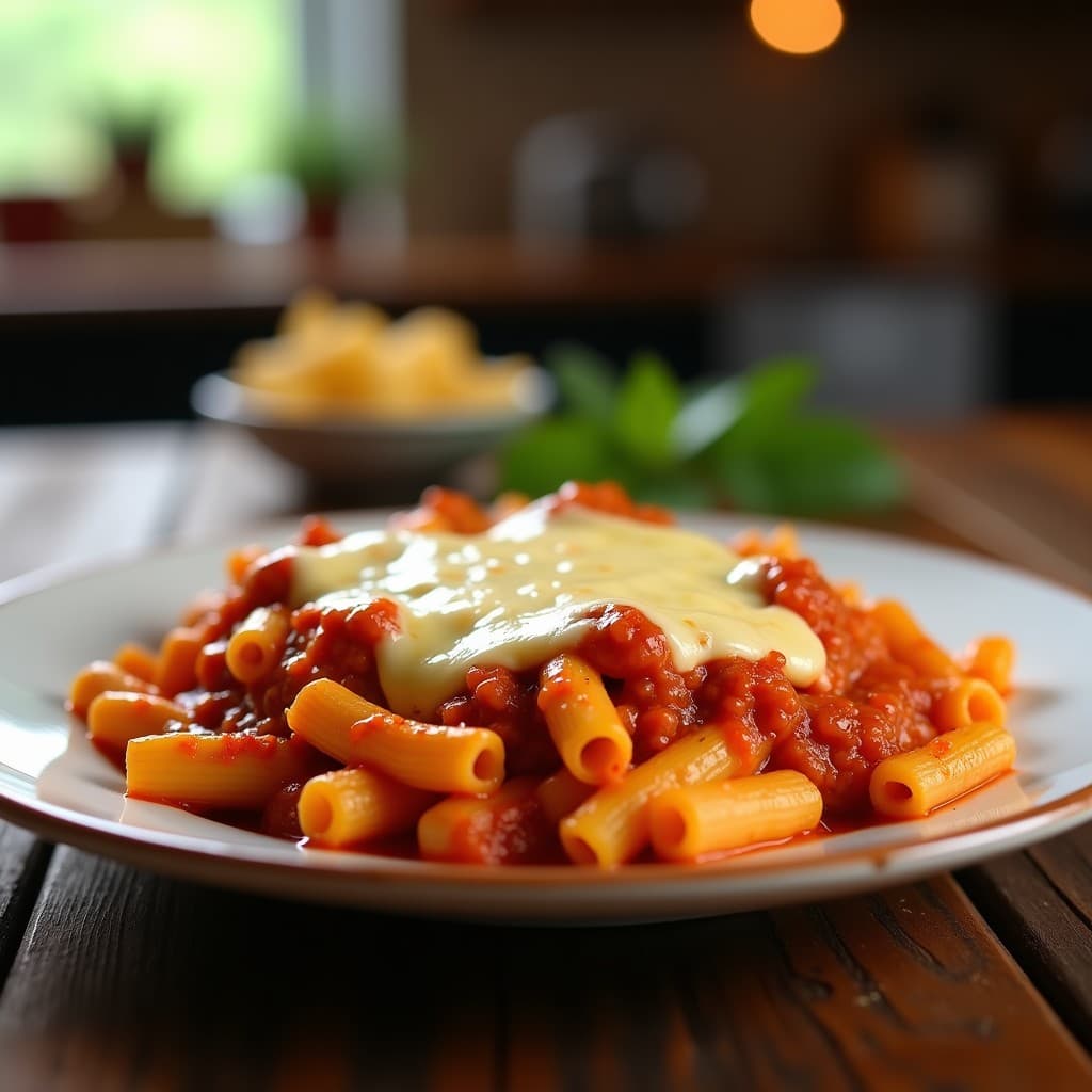 Macarrones con chorizo gratinados al horno con queso crujiente y tomate frito casero