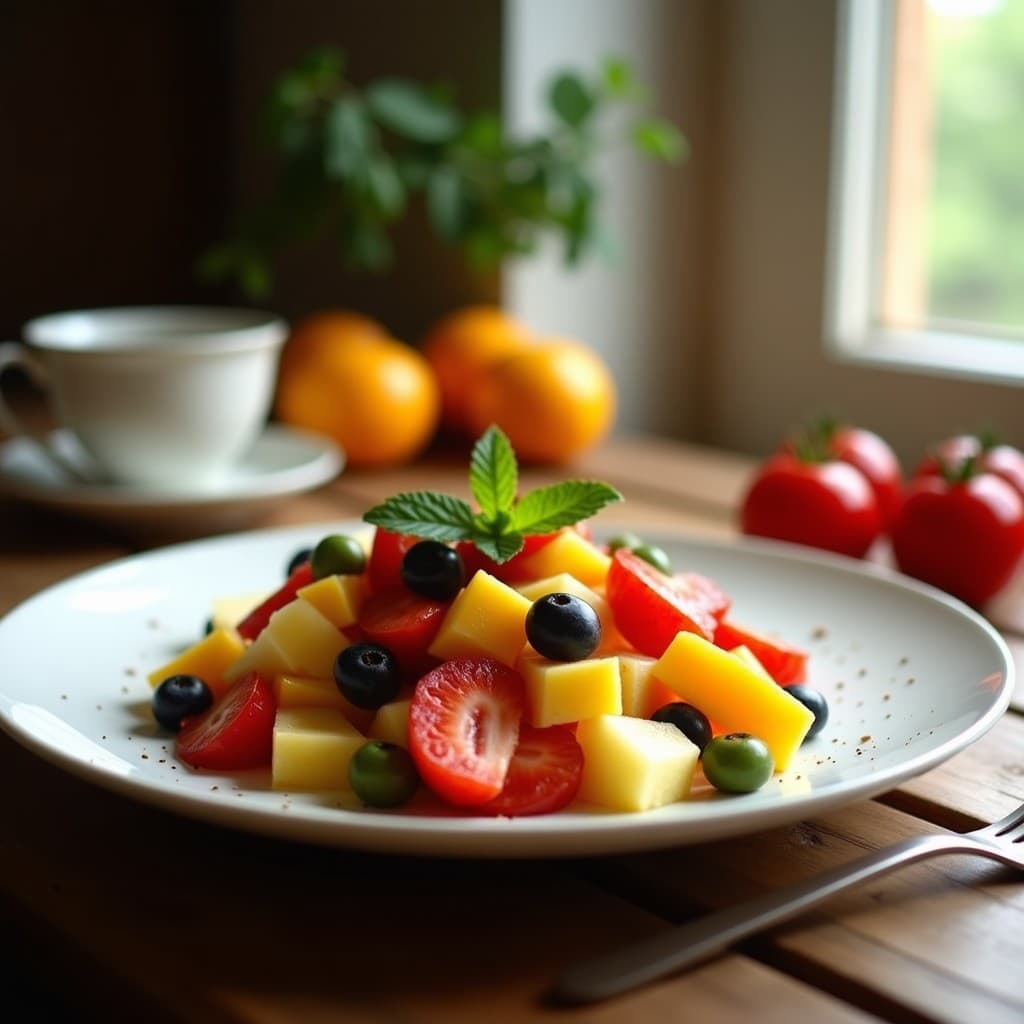 Macedonia de frutas frescas con manzana, plátano, kiwi y fresas, bañadas en zumo de naranja natural y decoradas con hojas de menta fresca