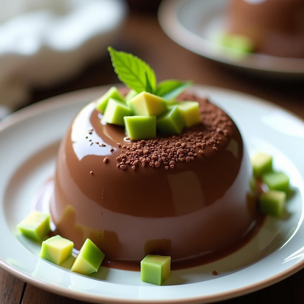 Mousse de chocolate vegana con aguacate y cacao puro, decorada con frutas frescas, lista para ser disfrutada en un plato de postre