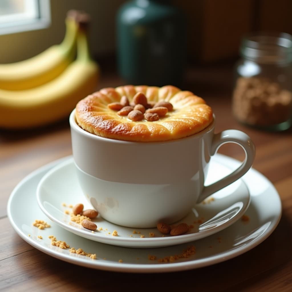 Mug cake de avena y plátano fresco y esponjoso, con nueces picadas y un toque de canela, listo para ser disfrutado en un tazón blanco