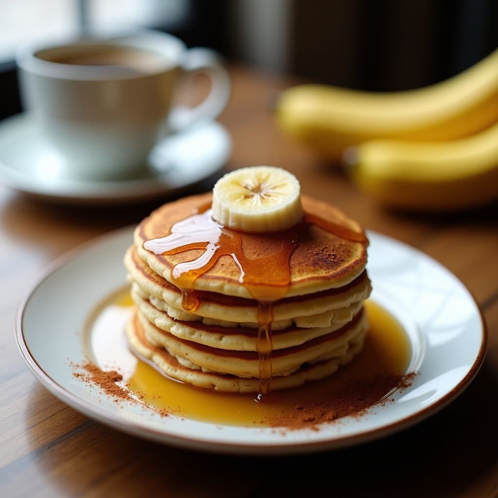 Panqueques de plátano y avena esponjosos y dorados, servidos con miel y canela, lista para un desayuno saludable y delicioso