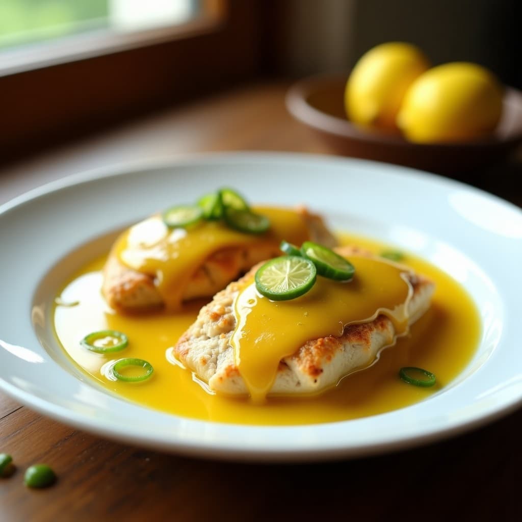 Pechugas de pollo al limón jugosas y doradas en una sartén, lista para servir