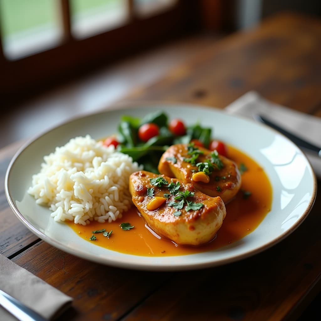 Pollo al curry con leche de coco en una olla, con una textura cremosa y apetitosa, lista para servir