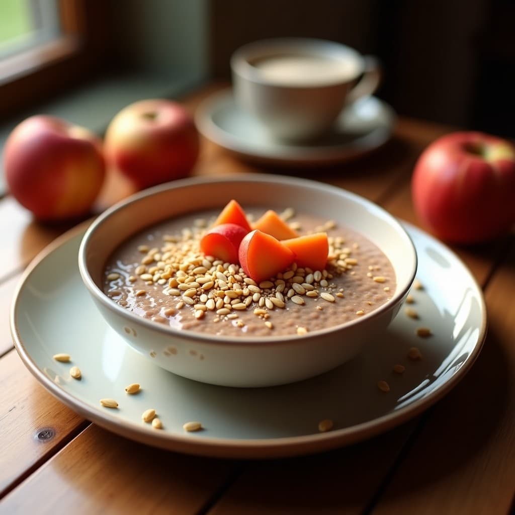 Foto de un tazón de porridge de avena con cacao y semillas de lino, listo para ser consumido. Porridge de avena para concentración