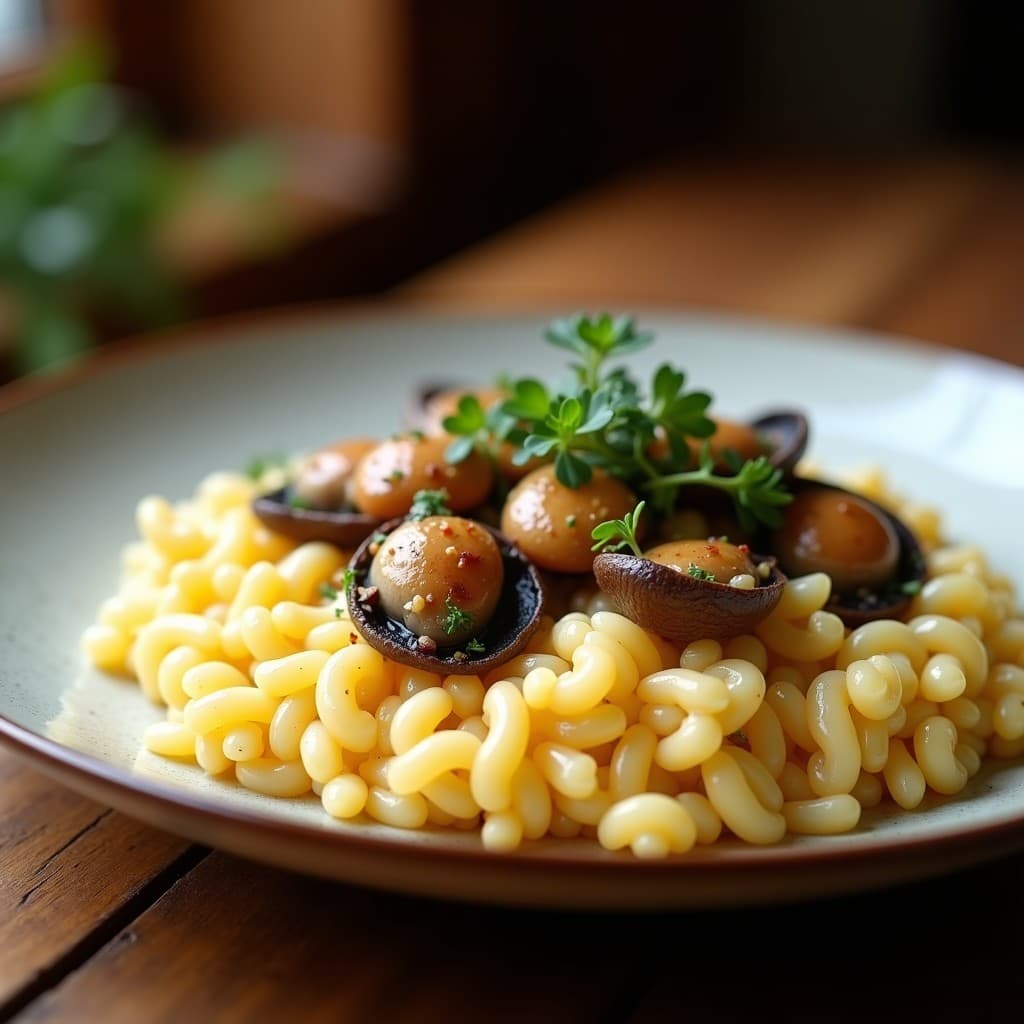 Risotto de Setas auténtico italiano con champiñones y boletus en una olla de cobre, lista para servir