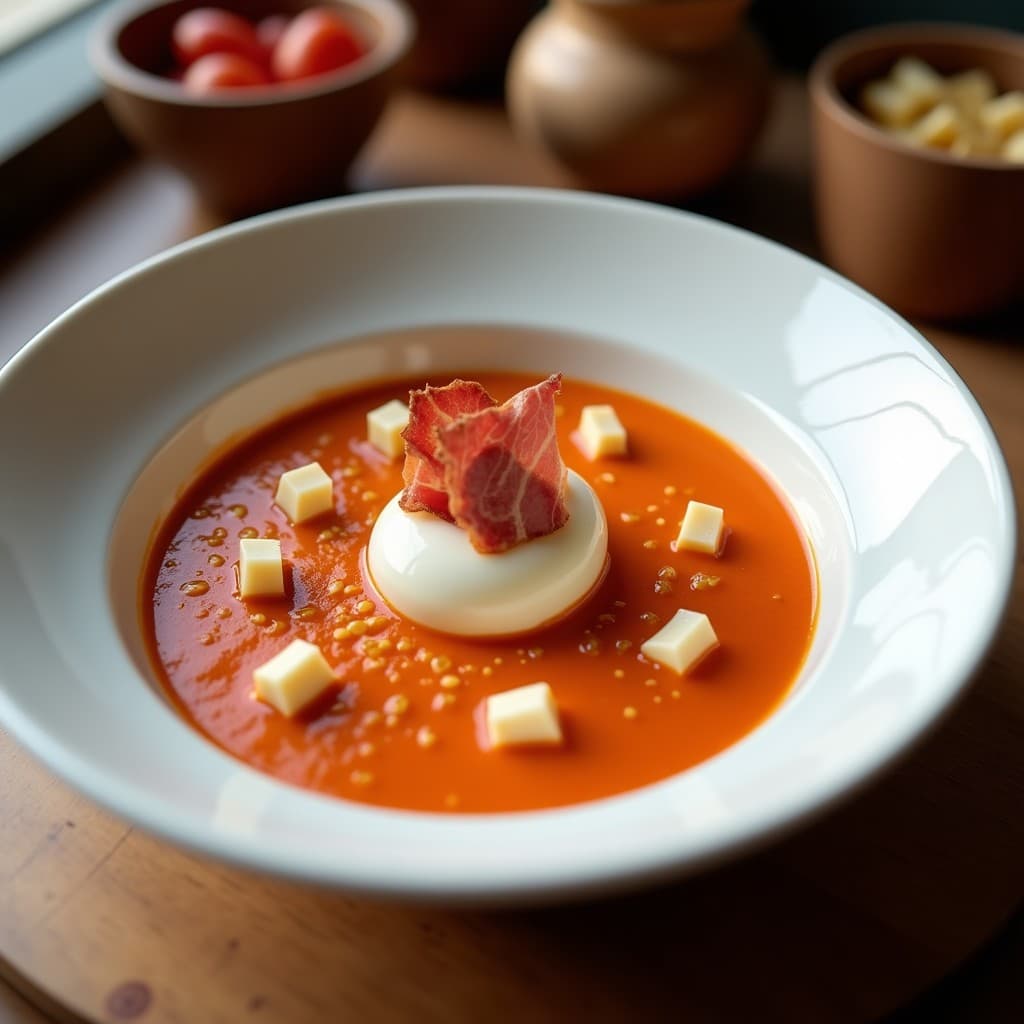 Foto de un tazón de salmorejo cordobés suave con tomate, ajo y jamón serrano, lista para ser disfrutada en un día de verano
