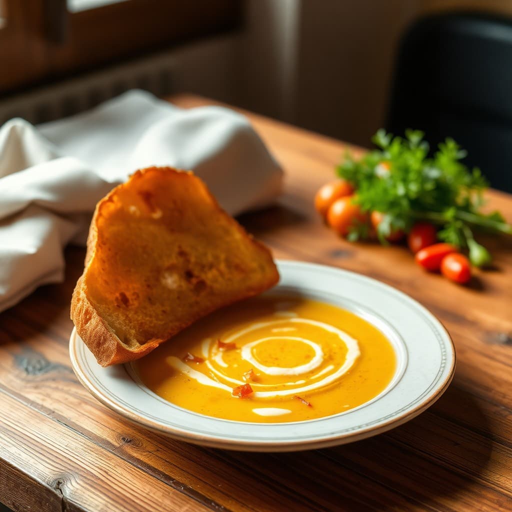 Sopa de ajo castellana con huevo escalfado y pan duro en una olla de barro, receta tradicional española