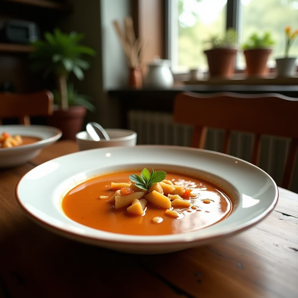 Sopa de cebolla francesa gratinada con queso fundido en un tazón de cerámica, lista para ser servida