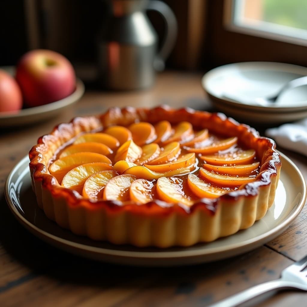 Tarta Tatin francesa recién salida de la sartén con manzanas caramelizadas y masa de hojaldre crujiente