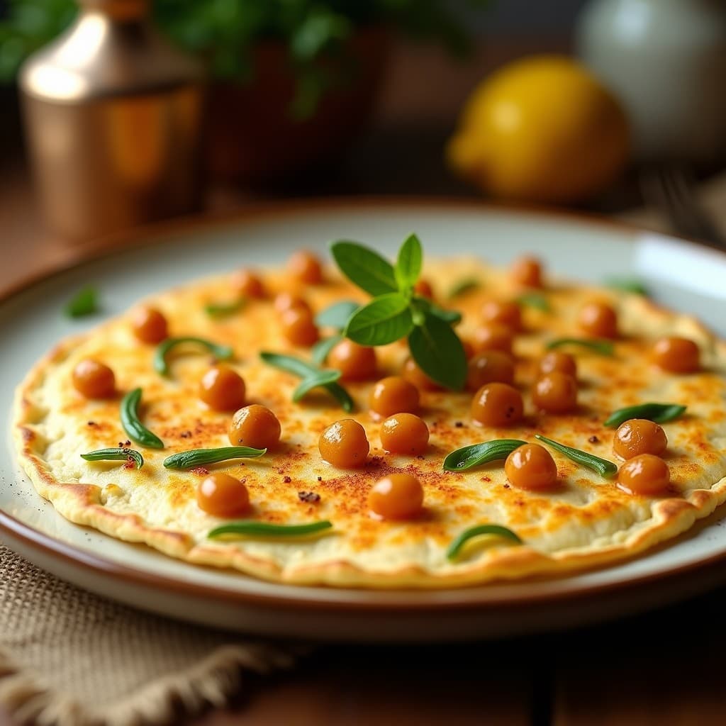 Tortilla de garbanzos y espinacas fresca y saludable en una sartén, lista para servir