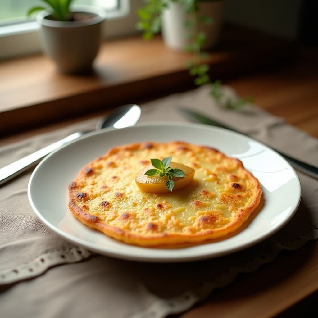 Tortilla de patatas en microondas saludable y ligera, lista para servir en un plato blanco