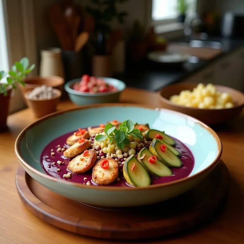 Açaí Bowl con César Salad y pollo a la plancha servido en un bol hondo blanco. Base morada cremosa de açaí, coronada con ensalada César de lechuga romana, croutons dorados, tiras de pollo a la plancha y huevos de codorniz. Decorado con almendras fileteadas, semillas de chía y queso parmesano rallado. Receta fusion saludable y alta en proteína.