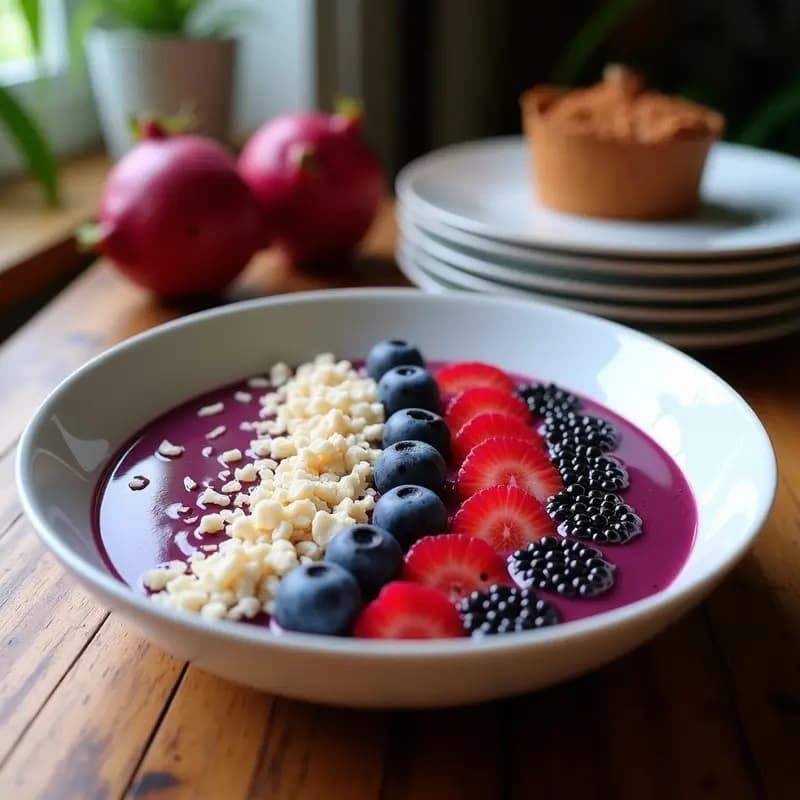 Açaí Bowl con base morada cremosa en un bowl de cerámica blanca, decorado con rodajas de plátano, cubos de kiwi, arándanos, semillas de cáñamo, coco rallado y hojas de menta. Desayuno brasilero antioxidante y vegano con toppings de fruta dragón.