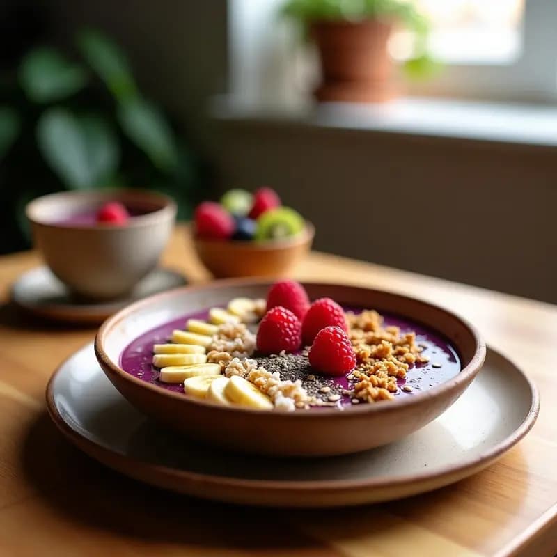 Bowl de açaí cremoso en color morado intenso, cubierto con granola dorada de cacahuete, fresas en láminas, arándanos enteros, semillas de chía y coco rallado, servido en un plato hondo de cerámica blanca sobre fondo de madera rústica.