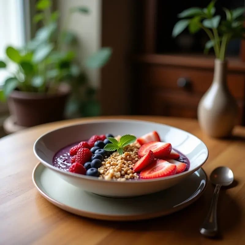 Açaí Bowl con granola de castañas doradas y pulpa de fruta de la pasión, servido en un bol de cerámica blanca con semillas de chía y coco rallado, desayuno brasileño superalimento.