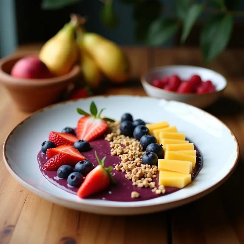Açaí Bowl brasileño sin azúcar en un bol blanco hondo, con base morada cremosa de açaí, granola dorada de coco y almendras a un lado, y frutos tropicales frescos (mango, kiwi y arándanos) al otro. Semillas de sésamo negro espolvoreadas por encima.