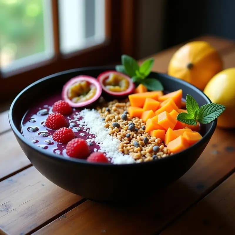 Açaí bowl vegano brasileño en bowl de barro negro, con base morada de açaí y plátano, granola dorada de quinoa y semillas, decorado con mangostino, papaya, maracuyá, coco rallado y hojas de menta.