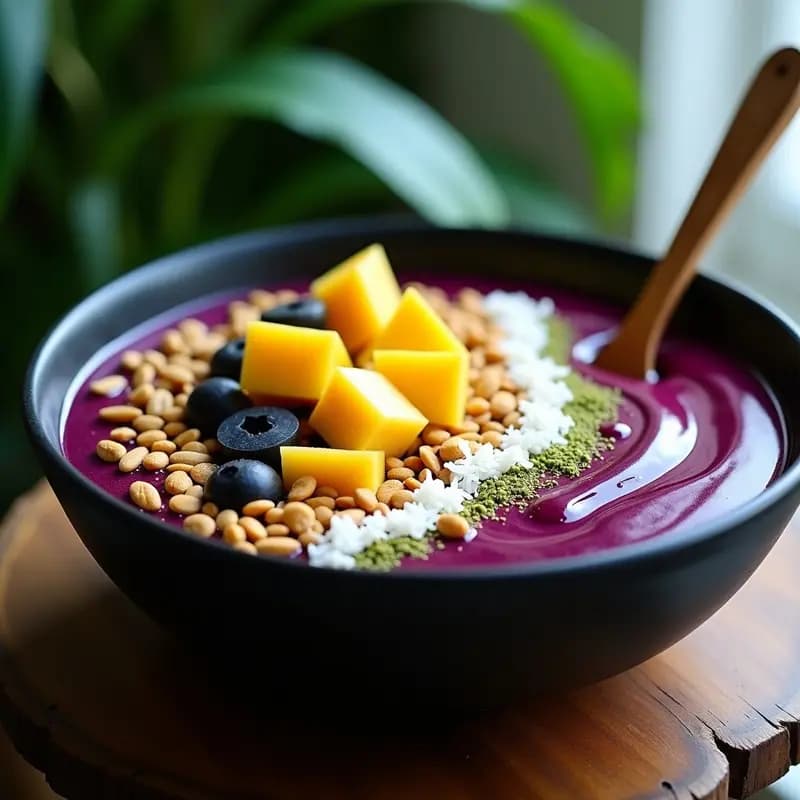 Açaí Bowl vibrante en cuenco de barro con puré de açaí morado oscuro, cubierto de rodajas de cupuaçu, camu camu, guaraná en polvo, semillas de sacha inchi y granola de castanha do pará, decorado con hojas de menta y flores comestibles.