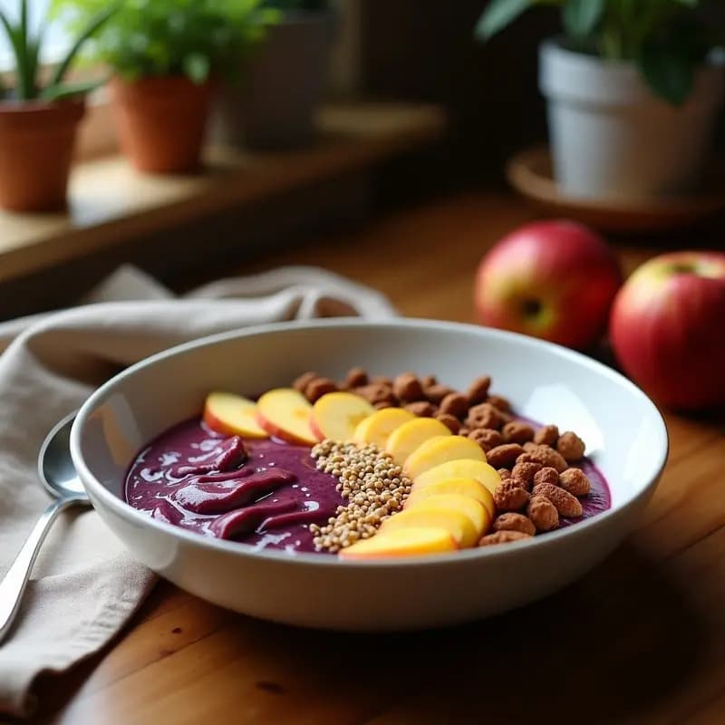 Bol de cerámica blanca con açaí bowl de color morado intenso, decorado con rodajas de plátano, cubos de manzana verde, cacahuetes tostados, copos de avena, semillas de chía y coco rallado. Textura cremosa con toppings crujientes, fondo de madera rústica y hojas verdes.