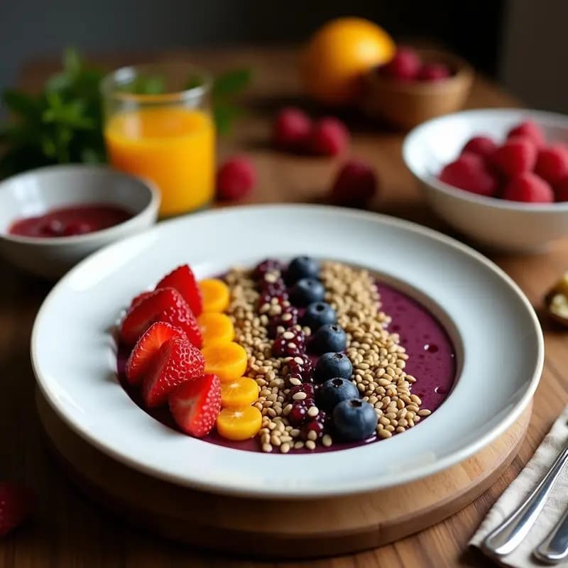Bowl de cerámica blanca con capas de puré de açaí morado oscuro, semillas de girasol doradas, arándanos, fresas en rodajas, coco rallado y kiwi verde, servido con una cuchara de madera. Receta de Açaí na Tigela con frutas y semillas en capas.