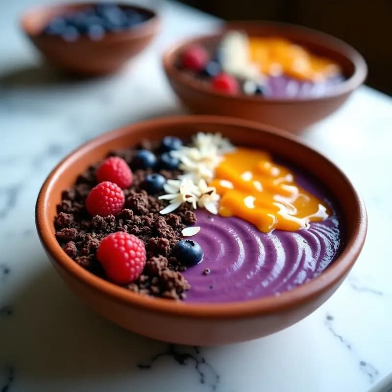 Bowl de açaí na tigela con base morada cremosa, coronado por granola de cacau oscura, frutos rojos brillantes, almendras fileteadas y un hilo de miel dorada. Receta brasileña de desayuno energético servida en tigela de barro rústico.