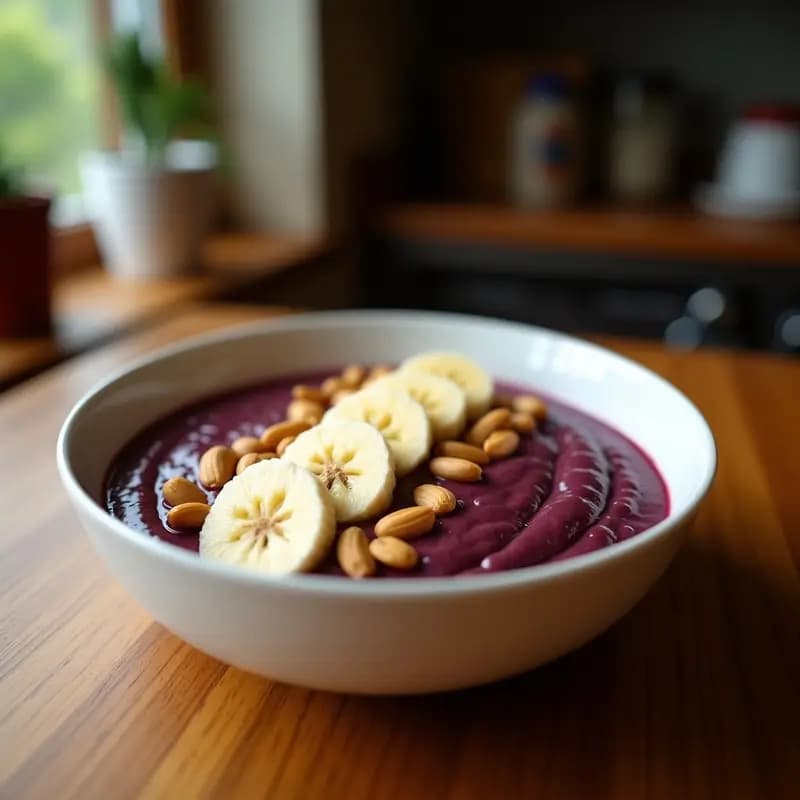 Bol de cerámica blanca con Açaí Na Tigela: base cremosa de color morado oscuro, coronada con rodajas de plátano amarillo, cacahuetes tostados dorados, semillas de chía negras y un espolvoreado de canela. Fondo con hojas verdes y luz natural.