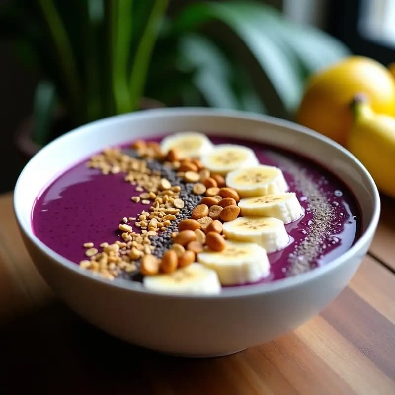 Bowl de açaí na tigela con base morada cremosa, decorado con rodajas de banano maduro, granola, cacahuetes tostados, semillas de chía, coco rallado y un hilo de miel de agave. Desayuno brasilero energético y antioxidante.