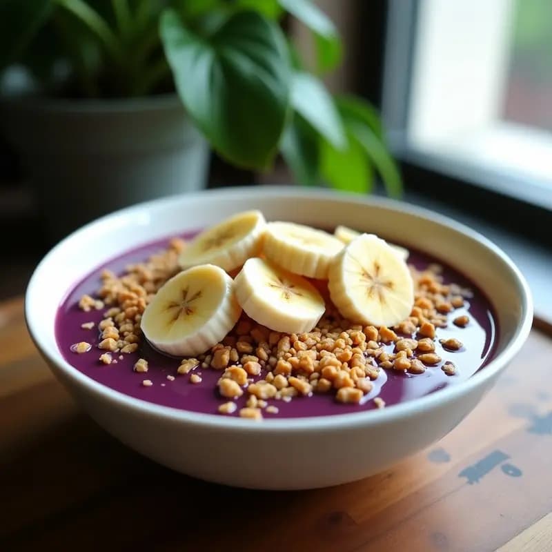 Bowl hondo de cerámica blanca con Açaí Na Tigela: base morada espesa de açaí y banana, coronada con granola dorada de cacahuete, trozos de banana, coco rallado y un hilo de miel. Fondo rústico con hojas verdes y luz natural.