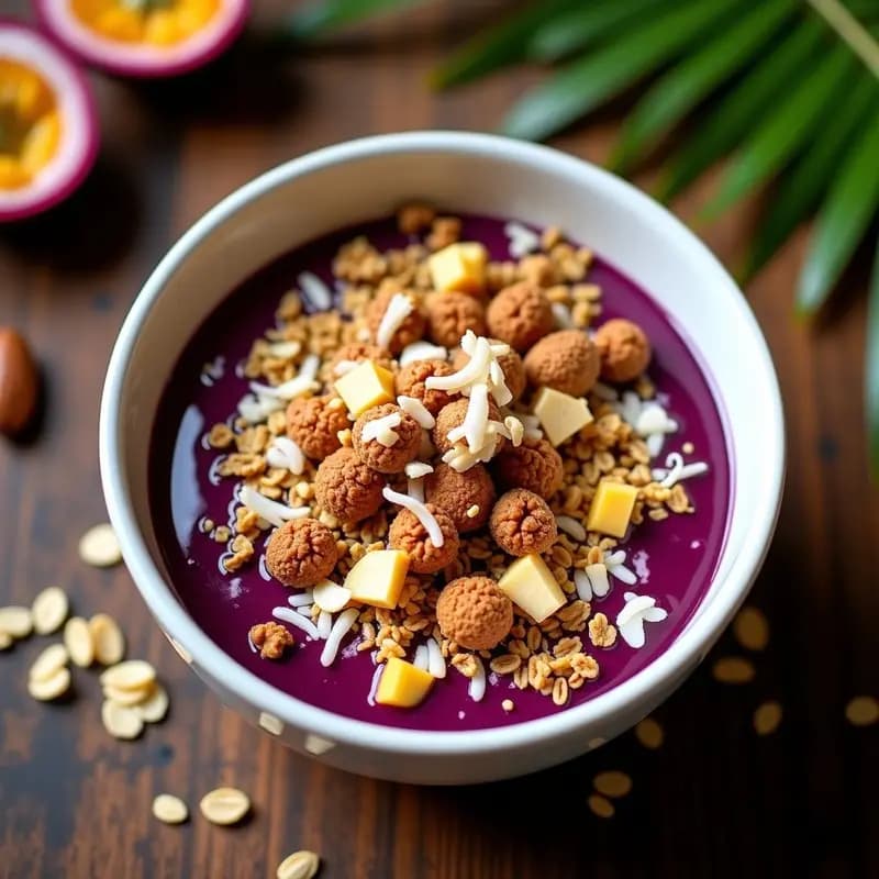 Bowl hondo de cerámica blanco con Açaí Na Tigela: crema morada espesa de açaí coronada con granola dorada de castañas, trozos de cupuaçu deshidratado y coco rallado. Fondo con hojas de palmera y frutas amazónicas frescas como decoración.