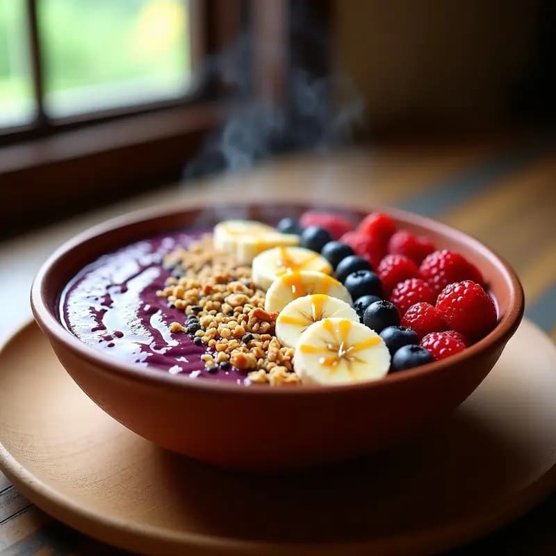 Bol de cerámica brasileña (tigela) relleno de açaí morado cremoso, cubierto con granola dorada de quinoa y semillas, frutos rojos frescos (frambuesas, arándanos, fresas) y un hilo de miel de yacón, sobre fondo rústico de madera con luz natural.
