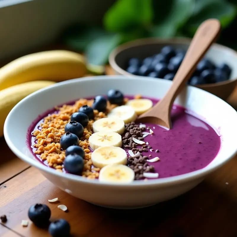 Bowl hondo de cerámica blanca con Açaí Na Tigela con Guaraná y Banana: base morada espesa de açaí y banana, coronada con granola dorada, arándanos frescos, coco rallado, almendras fileteadas y cacau nibs. Fondos borrosos de hojas tropicales y una cuchara de madera.