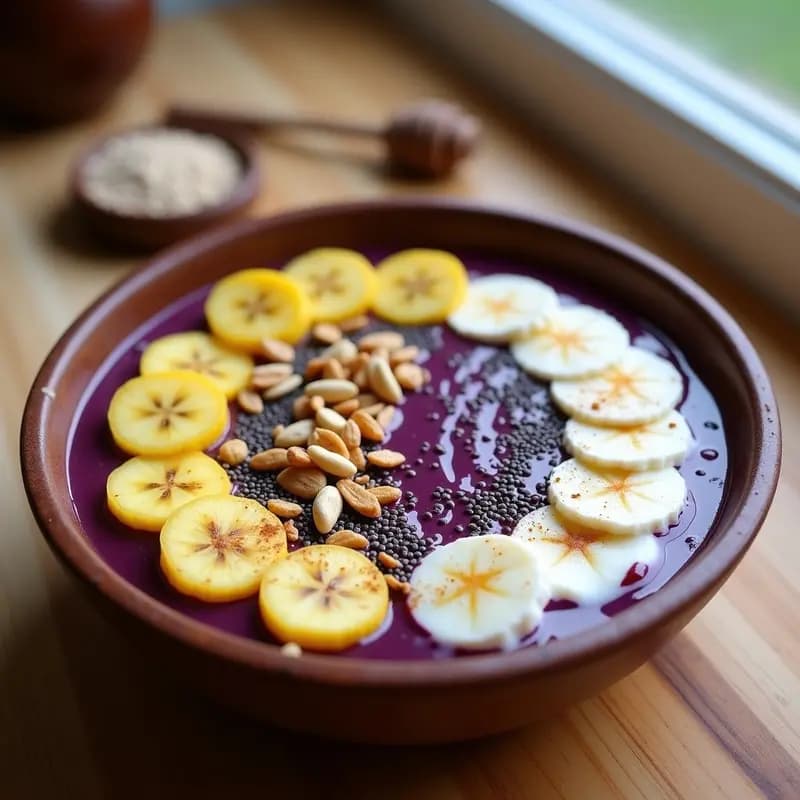 Bowl de Açaí Na Tigela com Leite Condensado: base morada de açaí cremoso con hilos de leite condensado blanco, rodajas de plátano amarillo, semillas de chía negras, copos de avena y nueces de Brasil picadas, espolvoreado con canela. Desayuno brasileño dulce y nutritivo.