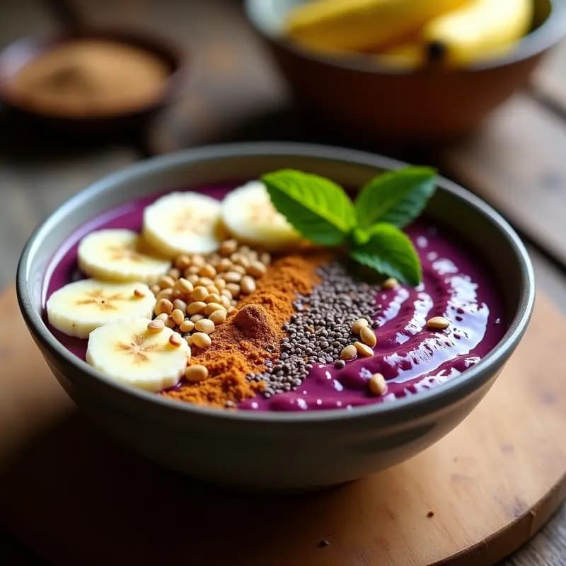 Bol de Açaí Na Tigela tradicional brasileño, con puré de açaí morado espeso, rodajas de plátano maduro, maní tostado, copos de quinoa inflada y semillas de chía, decorado con canela y hojas de menta fresca.