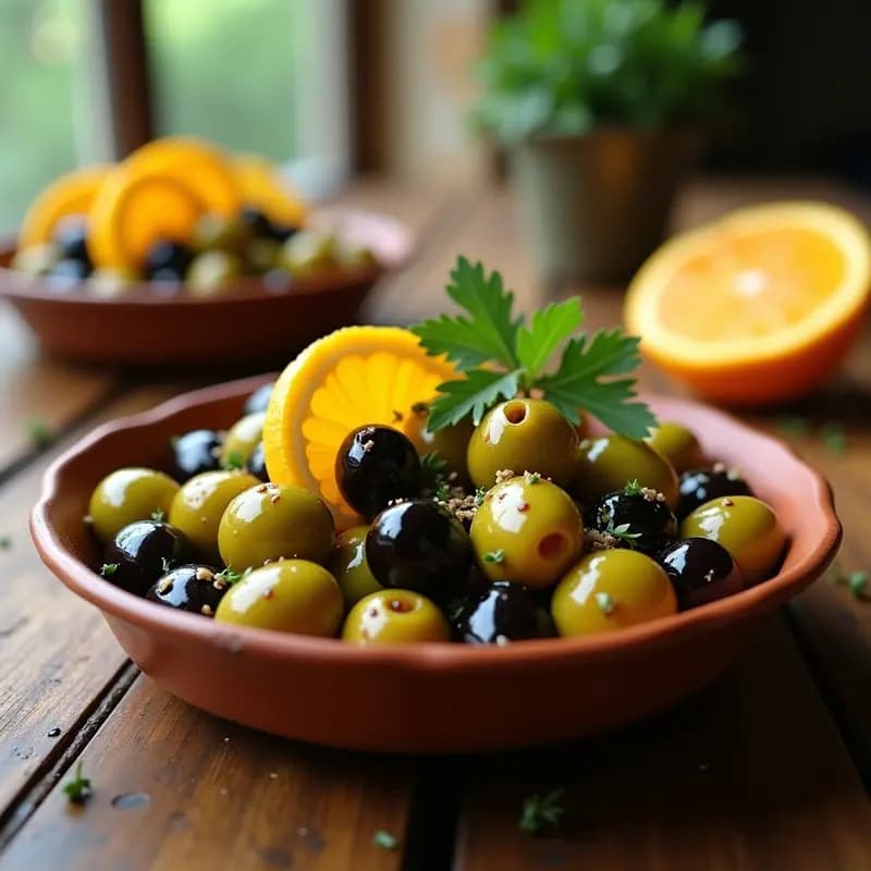 Plato blanco rústico con aceitunas verdes y negras aliñadas, brillantes por el aceite de oliva, decoradas con ralladura de naranja y perejil fresco picado. Receta de aceitunas aliñadas con naranja y hierbas provenzales.