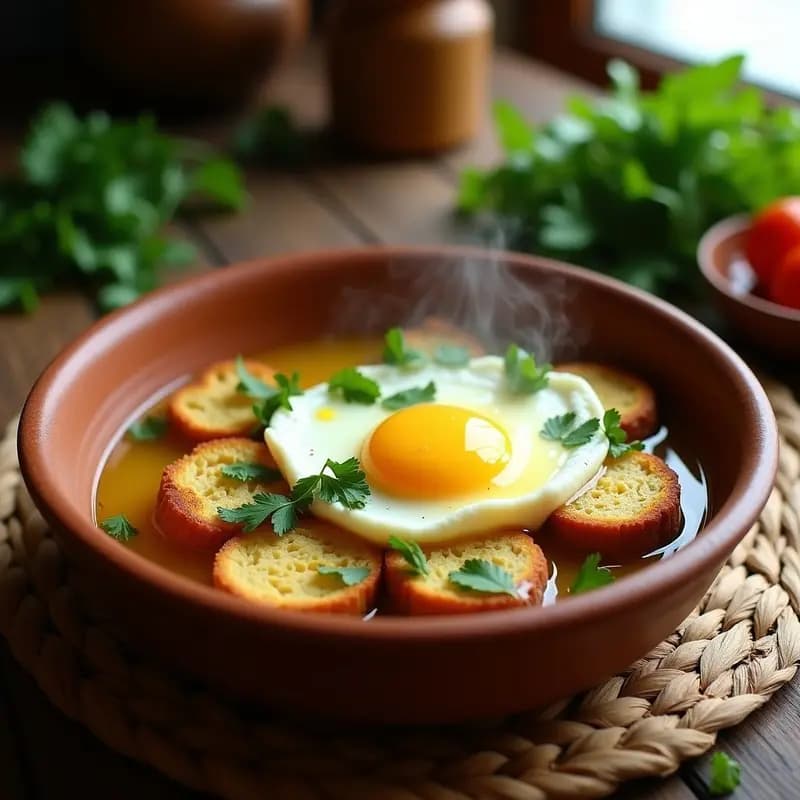 Plato hondo de cerámica blanca con açorda alentejana: pan remojado en caldo dorado con cilantro fresco, coronado por un huevo escalfado y perejil. Receta portuguesa tradicional reconfortante.