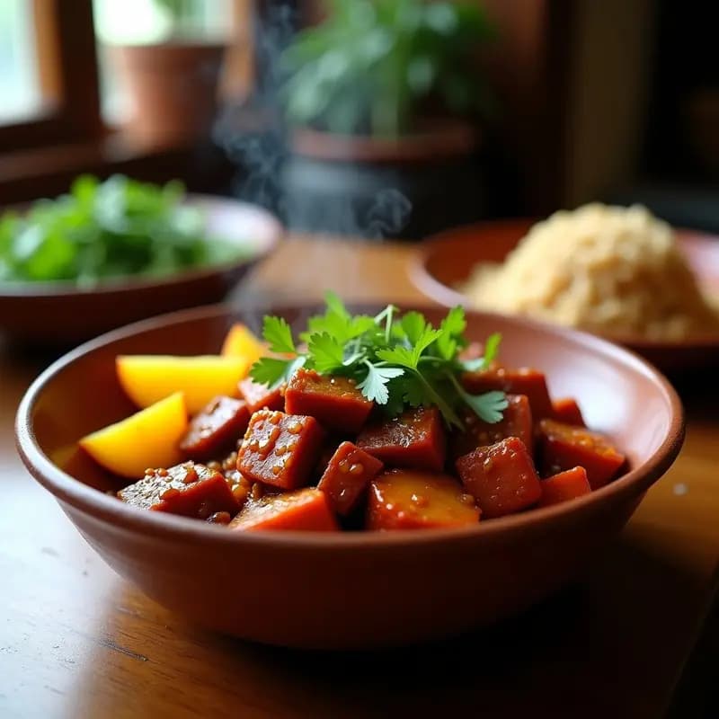 Plato hondo de barro con adobado de seitan en salsa oscura y espesa, decorado con cilantro fresco y acompañado de rodajas de papa amarilla y arroz integral, receta peruana vegana y alta en proteína.